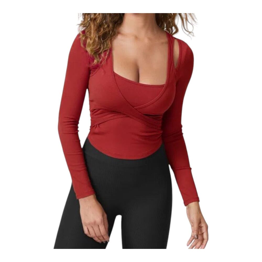 HALARA L Top Salsa Red Ribbed Crisscross Front Cut Out Long Sleeve Cropped